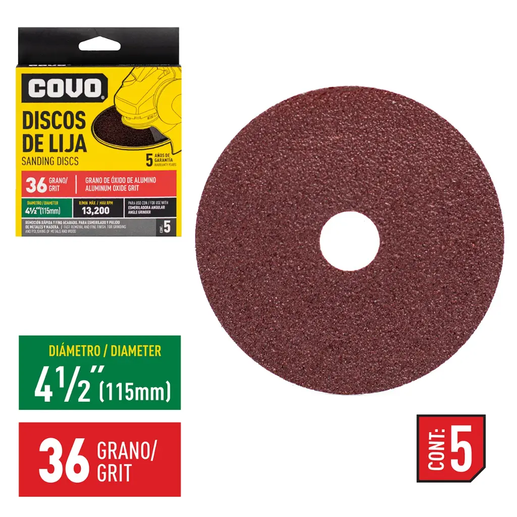 DISCOS DE LIJA PARA ESMERIL 4.5' GRANO 36 x 5 unds.